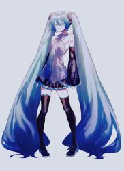 Rule 34 | 1girl, absurdly long hair, aqua eyes, aqua hair, aqua nails, aqua necktie, bare shoulders, black skirt, black sleeves, black thighhighs, boots, chinese commentary, commentary, detached sleeves, grey background, grey shirt, hair ornament, hatsune miku, headphones, headset, highres, huaji niang, long hair, looking at viewer, miniskirt, nail polish, necktie, pigeon-toed, pleated skirt, shirt, shoulder tattoo, skirt, sleeveless, sleeveless shirt, smile, solo, tattoo, thigh boots, thighhighs, twintails, very long hair, vocaloid, vocaloid boxart pose, zettai ryouiki