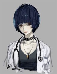 Rule 34 | 10s, 1girl, blue hair, bowl cut, breasts, brown eyes, choker, cleavage, collar, collarbone, doctor, eyebrows, jewelry, lab coat, looking at viewer, necklace, pale skin, persona, persona 5, rr (suisse200), shadow, short hair, simple background, solo, stethoscope, studded collar, takemi tae, upper body