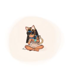 Rule 34 | 1girl, 34no404, animal ears, anklet, barefoot, bastet (p&amp;d), black hair, bracelet, cat ears, cat tail, dark-skinned female, dark skin, egyptian, frown, green eyes, hair ornament, highres, indian style, jewelry, long hair, puzzle &amp; dragons, rope, simple background, sitting, solo, tail, tiara