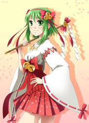 Rule 34 | 1girl, bell, blush, blush stickers, detached sleeves, e-megu, earrings, fugashi, gohei, green eyes, green hair, gumi, hair bell, hair ornament, hairband, hand on own hip, highres, jewelry, magatama, matching hair/eyes, miniskirt, necklace, nontraditional miko, petals, pleated skirt, sidelocks, skirt, smile, solo, vocaloid, wide sleeves