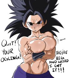 Rule 34 | 1girl, absurdres, angry, black hair, breasts, caulifla, clothes, covered erect nipples, crossed arms, dragon ball, dragon ball super, english text, female focus, highres, large breasts, lotion, medium hair, muscular, muscular female, nipples, pseudocel, saiyan, simple background, solo, white background