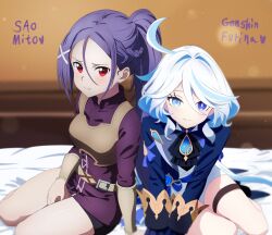 Rule 34 | 2girls, absurdres, armor, bare legs, bed, belt, blue eyes, blue hair, blush, chest armor, commentary request, crossover, furina (genshin impact), genshin impact, hair ornament, highres, long hair, long sleeves, looking at viewer, minase inori, mito (sao), multiple girls, nuguri444, on bed, ponytail, purple hair, red eyes, sword art online, sword art online progressive, voice actor connection