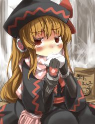 Rule 34 | 1girl, baozi, blonde hair, blue hair, earmuffs, food, gaoo (frpjx283), gloves, hat, highres, lily black, lily white, long hair, looking at viewer, red eyes, scarf, sidelocks, sitting, solo, touhou