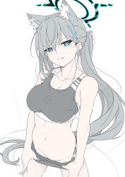 Rule 34 | 1girl, absurdres, alternate costume, animal ear fluff, animal ears, blue archive, blue eyes, breasts, broken halo, clothes pull, commentary, cross hair ornament, dark halo, extra ears, grey hair, grey sports bra, hair ornament, halo, highres, long hair, looking at viewer, masabodo, medium breasts, midriff, mismatched pupils, navel, ponytail, revision, shiroko (blue archive), shiroko terror (blue archive), short shorts, shorts, shorts pull, solo, sports bra, stomach, symbol-only commentary, white background, wolf ears