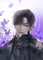 Rule 34 | 1boy, black gloves, black hair, black necktie, bug, bumyong, butterfly, collared shirt, ear piercing, earrings, formal, glint, gloves, green eyes, hand on own face, insect, jewelry, korean commentary, looking to the side, male focus, necktie, original, piercing, portrait, scar, scar on face, scar on mouth, shirt, short hair, simple background, smile, smirk, solo, stud earrings, suit, watch, wristwatch