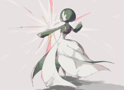 Rule 34 | 1girl, arched back, bob cut, chikichi, colored skin, creatures (company), energy, female focus, from behind, full body, game freak, gardevoir, gen 3 pokemon, green hair, green skin, grey background, hand up, highres, multicolored skin, nintendo, outstretched arm, pokemon, pokemon (creature), red eyes, short hair, simple background, solo, standing, two-tone skin, white skin