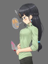Rule 34 | 1girl, black eyes, black hair, black shorts, blush, braid, breasts, buttons, closed mouth, collared shirt, commentary request, cowboy shot, earrings, eyebrow cut, french braid, green shirt, grey background, hands on own stomach, highres, implied after sex, jewelry, junk gaming maiden, kitsunerider, large breasts, long hair, looking down, mole, mole under mouth, onizuka saori, popped collar, profile, shirt, shorts, simple background, solo, thick eyebrows, translation request