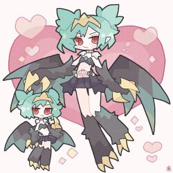 Rule 34 | 1girl, bird legs, black feathers, black wings, claws, commentary request, commission, feathers, green hair, harpy, heart, heart tattoo, highres, indie virtual youtuber, kdmr0402, lincoro, monster girl, multiple views, navel, pointy ears, red eyes, short hair, short twintails, skeb commission, stomach tattoo, talons, tattoo, tiara, twintails, virtual youtuber, winged arms, wings