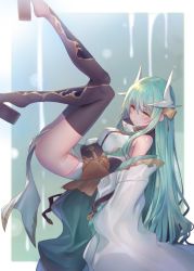 Rule 34 | 1girl, aqua background, aqua hair, bare shoulders, blurry, blurry background, breasts, clothes between thighs, commentary request, detached sleeves, dragon girl, dragon horns, fate/grand order, fate (series), floating, from side, hair between eyes, horns, japanese clothes, kiyohime (fate), knees together feet apart, leg armor, long hair, lying, medium breasts, obi, on back, oukawa yuu, sandals, sash, solo, thighhighs, very long hair, white sleeves, wide sleeves, yellow eyes