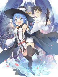 Rule 34 | 1boy, 1girl, black hair, blue eyes, blue hair, blush, cape, cover, cover page, detached sleeves, gloves, hat, isegawa yasutaka, looking at viewer, mecha, multicolored hair, novel cover, novel illustration, official art, open mouth, original, red eyes, robot, single glove, thighhighs, two-tone hair, wide sleeves, witch hat