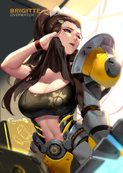 Rule 34 | 1girl, absurdres, arm armor, armor, asymmetrical armor, backlighting, breasts, brigitte (overwatch), brown eyes, brown hair, character name, cian yo, cleavage, clothes lift, copyright name, crop top, freckles, glowing, highres, large breasts, lifted by self, looking to the side, midriff, navel, one eye closed, open mouth, overwatch, overwatch 1, parted lips, ponytail, shirt lift, shoulder armor, sports bra, stomach, sweat