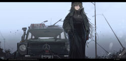 Rule 34 | 1girl, bird, black gloves, black headwear, breasts, brown eyes, brown hair, car, cat girl, chinese commentary, cigarette, cigarette pack, coat, commentary request, daria (haguruma c), dog tags, english text, feet out of frame, gloves, green jacket, grey sky, haguruma c, headlight, highres, jacket, lamp, large breasts, letterboxed, long skirt, mercedes-benz, mercedes-benz g-class, motor vehicle, open clothes, open jacket, original, ribbed sweater, skirt, sky, smokestack, solo, sports utility vehicle, sweater, tree, utility pole, winter clothes, winter coat