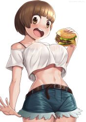 Rule 34 | 1girl, :d, alternate costume, artist name, belt, belt buckle, blunt bangs, bob cut, bra visible through clothes, breasts, brown belt, brown eyes, brown hair, buckle, burger, commentary request, cropped shirt, dated, denim, denim shorts, food, food bite, highres, holding, holding food, kill la kill, large breasts, mankanshoku mako, midriff, nicomamu, off-shoulder shirt, off shoulder, open mouth, shirt, shirt overhang, short hair, shorts, smile, solo, spanish commentary, teeth, upper teeth only, white background, white shirt