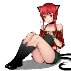 Rule 34 | 1girl, :3, alternate hairstyle, animal ears, aoshima, bare shoulders, black footwear, blush, boots, cat ears, cat girl, cat tail, closed mouth, collar, collarbone, contemporary, crop top, extra ears, full body, heart, highres, kaenbyou rin, knees up, multiple tails, off-shoulder shirt, off shoulder, red eyes, red hair, reiuji utsuho, reiuji utsuho (bird), shirt, short hair with long locks, short shorts, shorts, sidelocks, simple background, sitting, smile, suspender shorts, suspenders, tail, touhou, two tails, white background