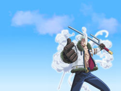 Rule 34 | 1boy, belt, blue shirt, cigar, denim, fighting stance, fur trim, gloves, jacket, jeans, jitte, male focus, muscular, one piece, open clothes, open shirt, pants, shirt, simple background, smoke, smoker (one piece), smoking, solo, weapon, white hair