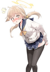 Rule 34 | 1girl, absurdres, black pantyhose, blonde hair, blue archive, blue skirt, blush, eyebrows, foot out of frame, hair between eyes, hair ribbon, halo, hifumi (blue archive), highres, kandori, light brown hair, long hair, looking at viewer, low twintails, open mouth, pantyhose, pleated skirt, ribbon, school uniform, shoes, simple background, skirt, twintails, white background, yellow eyes
