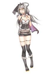 Rule 34 | 1girl, bare shoulders, black footwear, black legwear, black panties, boots, bow, camisole, choker, detached sleeves, drill hair, fingerless gloves, full body, gloves, gluteal fold, green eyes, grey hair, hair bow, hand on own chest, highres, long hair, looking to the side, luo tianyi, microskirt, navel, onceskylark, open mouth, panties, skindentation, skirt, solo, twin drills, underwear, vocaloid, vocanese, white background