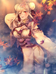 Rule 34 | 1girl, arm up, autumn leaves, blonde hair, breasts, bun cover, character request, check character, cleavage, creatures (company), double bun, game freak, gen 5 pokemon, large breasts, long hair, long sleeves, looking at viewer, mienshao, moe (hamhamham), nintendo, one eye closed, open mouth, outdoors, personification, pokemon, red eyes, smile, solo, standing, wide sleeves