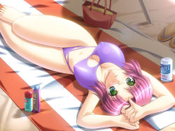 Rule 34 | 1girl, :o, arms up, bag, barefoot, beach, bikini, blush, bottle, breasts, can, cleavage, cleavage cutout, clothing cutout, covered erect nipples, day, dutch angle, embarrassed, feet, from above, glasses, green eyes, highres, large breasts, legs, lens flare, looking at viewer, lotion, lying, on back, open mouth, oshioki sweetie, outdoors, parted bangs, pink hair, purple bikini, sandals, shadow, shoes, unworn shoes, short hair, shuu mariko, solo, striped, sunscreen, swimsuit, towel, wallpaper, yameta takashi