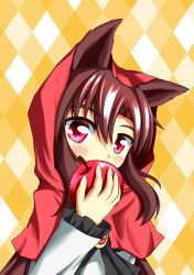 Rule 34 | 1girl, 495-flan, animal ears, apple, argyle, argyle background, argyle clothes, brown hair, cape, capelet, cosplay, food, frilled sleeves, frills, fruit, highres, holding, holding food, holding fruit, hood, imaizumi kagerou, irony, little red riding hood, little red riding hood (grimm), little red riding hood (grimm) (cosplay), long sleeves, multicolored background, orange background, red cape, red eyes, simple background, solo, touhou, white background, wolf ears