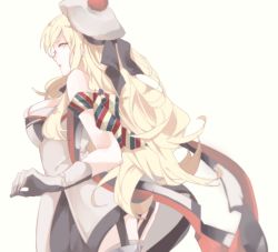 Rule 34 | 1girl, beret, blonde hair, dress, gloves, hat, kantai collection, long hair, looking at viewer, mole, mole under eye, multicolored clothes, multicolored dress, multicolored gloves, multicolored scarf, pom pom (clothes), profile, richelieu (kancolle), saiko (saisaka), scarf, solo, strapless, strapless dress, white dress, white gloves, white hat, yellow eyes