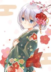 Rule 34 | 1girl, alternate costume, alternate hairstyle, blue eyes, blush, cherry blossoms, closed mouth, floral background, floral print, flower, hair between eyes, hair flower, hair ornament, hibiki (kancolle), japanese clothes, kantai collection, kimono, long hair, looking at viewer, pink flower, red flower, silver hair, u yuz xx, yukata
