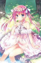 Rule 34 | 1girl, bare shoulders, blue eyes, blush, clover, dress, flower wreath, four-leaf clover, hair between eyes, hair ornament, hisama kumako, holding, holding clover, long hair, original, outdoors, pink hair, ribbon, sitting, soaking feet, solo, tree, twintails, water