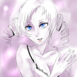 Rule 34 | 1girl, atlus, bare shoulders, blue eyes, bra, breasts, catherine, catherine (game), dress, drill hair, female focus, karin-ko (turezure), long hair, lowres, monochrome, solo, spot color, twin drills, twintails, underwear