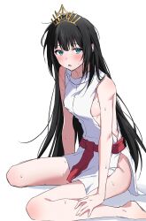 1girl bare_legs black_hair blunt_bangs blunt_sidelocks blush breasts feet_out_of_frame full_body green_eyes highres hime_cut japanese_clothes kariginu knees_together_feet_apart legs long_hair looking_at_viewer miko nige_jouzu_no_wakagimi parted_lips ponytail red_sash sash shizuku_(nige_jouzu_no_wakagimi) sidelocks sitting solo thighs tiara wariza white_background yur11