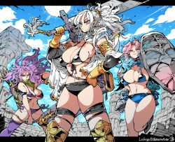 3girls arm_behind_back arrow_(projectile) between_breasts bikini black_bikini blue_bikini blue_eyes blue_hair bow_(weapon) breasts cleavage closed_mouth cloud cowboy_shot day gauntlets gloves gradient_hair hand_up holding holding_bow_(weapon) holding_sword holding_weapon kafun large_breasts leg_up letterboxed looking_at_viewer mole mole_under_eye multicolored_hair multiple_girls navel open_mouth orange_eyes original outdoors outside_border over_shoulder pink_eyes pink_hair ponytail purple_bikini purple_hair purple_thighhighs quiver ruins shield single_thighhigh strap_between_breasts sun swimsuit sword sword_over_shoulder thigh_strap thighhighs weapon weapon_over_shoulder yellow_gloves