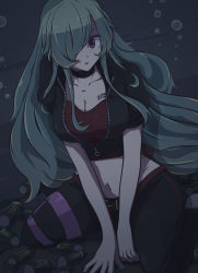Rule 34 | 1girl, absurdres, black jacket, black pants, breasts, can, cleavage, cropped jacket, green hair, hair over one eye, highres, indie virtual youtuber, jacket, long hair, looking at viewer, looking to the side, looking up, medium breasts, mizukagami iruka, monster energy, navel, nunogire, one eye covered, pants, red eyes, red shirt, shirt, sitting, solo, virtual youtuber, wariza