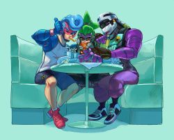 Rule 34 | 3boys, aqua background, arms (game), bad id, bad twitter id, blue eyes, blue hair, booth seating, burger, cup, disposable cup, domino mask, eating, food, food in mouth, french fries, full body, green eyes, green hair, helmet, heterochromia, highres, kid cobra, looking at viewer, male focus, mask, multiple boys, ninjara (arms), nkraae, official style, one eye closed, orange eyes, pompadour, ponytail, purple eyes, short hair, simple background, sitting, spring man (arms), table, tank top, thumbs up, wristband
