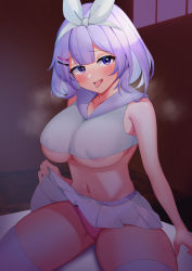 Rule 34 | 1girl, :p, absurdres, bare shoulders, blue eyes, blue hair, blush, breasts, cheerleader, clothes lift, colored inner hair, crop top, hair ornament, hairband, hairclip, highres, indoors, karin (a62826704), large breasts, lifted by self, light blue hair, light purple hair, looking at viewer, medium hair, microskirt, multicolored hair, navel, nijisanji, nijisanji kr, no bra, nose blush, nun bora, open mouth, panties, pink panties, purple sailor collar, sailor collar, shirt, sitting, skirt, skirt lift, sleeveless, sleeveless shirt, solo, steaming body, thighhighs, thighs, tongue, tongue out, underboob, undersized clothes, underwear, virtual youtuber, white hairband, white shirt, white skirt, white thighhighs