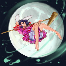 Rule 34 | 1girl, animal ears, bloomers, feet, female focus, full moon, hammer, inaba tewi, jewelry, kine, mallet, moon, necklace, note-takahashi, rabbit ears, short hair, solo, takahashi note, touhou, underwear, white bloomers