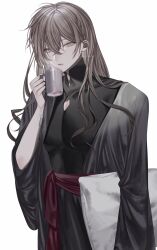Rule 34 | 1boy, androgynous, barbell piercing, bishounen, black shirt, cup, ear piercing, expressionless, grey eyes, grey hair, grey robe, hair between eyes, highres, holding, holding cup, holding pillow, industrial piercing, long hair, looking at viewer, male focus, msa (fary white), original, piercing, pillow, red pupils, robe, shirt, simple background, solo, upper body, white background