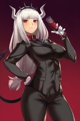 Rule 34 | 1girl, black necktie, black pants, black suit, black tail, blunt bangs, breasts, commentary request, cup, demon girl, demon tail, formal, glass, gloves, gradient background, hand on own hip, helltaker, highres, holding, holding cup, horns, large breasts, looking at viewer, lucifer (helltaker), mole, mole under eye, necktie, pants, red background, red eyes, solo, suit, tail, takanashi-a, white gloves, white hair, white horns