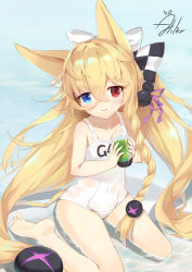 Rule 34 | 1girl, aliter, animal ears, bare legs, barefoot, blonde hair, blue eyes, blush, bow, character name, checkered bow, checkered clothes, collarbone, commentary, covered navel, day, fox ears, g41 (beach punk 2064) (girls&#039; frontline), g41 (girls&#039; frontline), girls&#039; frontline, hair between eyes, hair bow, hair ribbon, head tilt, heterochromia, highres, holding, long hair, low-tied long hair, name tag, ocean, official alternate costume, old school swimsuit, one-piece swimsuit, outdoors, parted lips, purple ribbon, red eyes, ribbon, school swimsuit, see-through, shallow water, signature, sitting, smile, soles, solo, swimsuit, very long hair, wariza, water, wet, wet clothes, wet swimsuit, white bow, white one-piece swimsuit