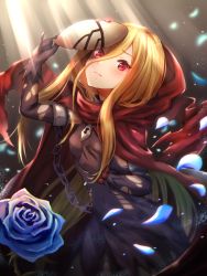 Rule 34 | 1girl, black dress, black gloves, black legwear, blonde hair, blush, breasts, cape, chain, cloak, cowboy shot, dress, evileye (overlord), eyebrows, eyelashes, fang, female focus, gem, gloves, hair between eyes, heart, highres, hood, hooded cape, hooded cloak, jewelry, long hair, looking at viewer, mask, overlord (maruyama), red cape, red eyes, red gemstone, scarf, small breasts, solo, standing, toki (toki ship8), torn clothes, unworn mask, very long hair