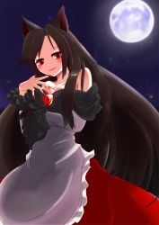Rule 34 | 1girl, animal ears, blush, breasts, brooch, brown hair, cleavage, collarbone, dress, fang, fingernails, full moon, gradient background, highres, imaizumi kagerou, jewelry, long hair, long sleeves, looking at viewer, moon, nail polish, nama shirasu, open mouth, red eyes, sky, solo, star (sky), star (symbol), starry sky, touhou, wolf ears