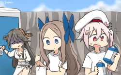 Rule 34 | 3girls, alternate costume, asakaze (kancolle), beret, blue eyes, blue hair, blue sky, cloud, commentary request, cup, dated, day, flower, flying sweatdrops, forehead, gradient hair, hair flower, hair ornament, hair ribbon, hamu koutarou, haruna (kancolle), harusame (kancolle), hat, highres, holding stomach, jacket, kantai collection, light brown hair, long hair, milk carton, mug, multicolored hair, multiple girls, one-hour drawing challenge, outdoors, parted bangs, pink hair, red eyes, ribbon, rock, sarong, shirt, short sleeves, side ponytail, sidelocks, sky, stomach ache, t-shirt, toilet stall, wavy hair, white jacket, white sarong, white shirt