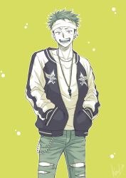 Rule 34 | 1boy, :d, bad id, bad pixiv id, bakuten!!, collarbone, ear piercing, green background, hands in pockets, headband, highres, jacket, jewelry, kazuki sara, looking at viewer, male focus, necklace, open mouth, pants, piercing, short hair, signature, simple background, smile, standing, torn clothes, torn pants, watari koutarou