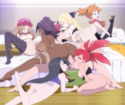 Rule 34 | 1boy, 6+girls, absurdres, age difference, anime coloring, anus, arm support, ass, asymmetrical hair, barefoot, baseball cap, bed, bed sheet, black hair, black thighhighs, blonde hair, boots, bottomless, breast sucking, breasts, cleft of venus, closed eyes, clothed female nude female, clothed female nude male, cowgirl position, creatures (company), cynthia (pokemon), dark-skinned female, dark skin, earrings, feet, fellatio, fingering, flannery (pokemon), frontier brain, game freak, girl on top, gym leader, hair ornament, hair over one eye, half-closed eyes, harem, hat, hetero, high heel boots, high heels, highres, indoors, interracial, island kahuna, jewelry, kneeling, large breasts, legs, lexus (artist), licking, lipstick, long hair, looking at viewer, looking back, lucy (pokemon), lying, makeup, matching hair/eyes, medium breasts, misty (pokemon), multicolored hair, multiple girls, nintendo, nipples, no shoes, nude, olivia (pokemon), on back, on bed, on floor, on stomach, open mouth, oral, orange hair, penis, pink hair, pink lips, pokemon, pokemon dppt, pokemon frlg, pokemon oras, pokemon rse, pokemon sm, pokemon xy, ponytail, puffy areolae, puffy nipples, purple hair, pussy, pussy juice, pussy juice puddle, pussy juice trail, red (pokemon), red (pokemon sm), red hair, saliva, scarf, serena (pokemon), sex, shirt down, short hair, side ponytail, soles, source request, split, spread legs, straddling, sunglasses, sunglasses on hat, testicle sucking, testicles, thigh boots, thighhighs, tongue, tongue out, top pull, uncensored, vaginal, very long hair, wooden floor
