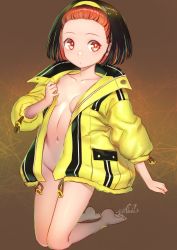 Rule 34 | 1girl, barefoot, black hair, bottomless, breasts, expressionless, feet, female focus, hairband, highres, jacket, jpeg artifacts, kneeling, mitake eil, multicolored hair, navel, no bra, no panties, open clothes, original, red eyes, red hair, short hair, signature, solo, toes
