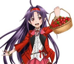 Rule 34 | 1girl, :d, ahoge, arm up, bracelet, food, fruit, hairband, jacket, jewelry, long hair, looking at viewer, neck ribbon, open clothes, open jacket, open mouth, pleated skirt, pointy ears, purple hair, red eyes, red hairband, red jacket, red ribbon, red skirt, ribbon, shirt, skirt, smile, solo, standing, strawberry, sword art online, transparent background, upper body, very long hair, white shirt, yuuki (sao)
