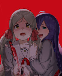 Rule 34 | 2girls, ahoge, blood, blood on clothes, blood on face, blood on hands, bloody knife, blue hair, bow, empty eyes, green eyes, grey shirt, hair between eyes, hair bow, half-closed eyes, hand on another&#039;s shoulder, handa roco, highres, holding, holding knife, idolmaster, idolmaster million live!, juliet sleeves, knife, long hair, long sleeves, looking at viewer, low twintails, mochizuki anna, multiple girls, parted bangs, puffy sleeves, red background, red bow, sailor collar, shaded face, shirt, simple background, suzuki puramo, sweat, trembling, twintails, two-handed, uniform series (idolmaster), upper body, very long hair, white sailor collar, yellow eyes