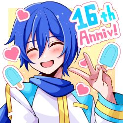 Rule 34 | 1boy, anniversary, blue hair, blue scarf, blush, coat, commentary, closed eyes, heart, highres, ice cream bar, kaito (vocaloid), male focus, open mouth, scarf, smile, solo, suzuse tsubasa, upper body, v, vocaloid, white coat