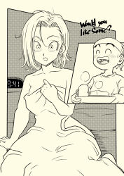 Rule 34 | 1boy, 1girl, android 18, bald, bed sheet, blush, dragon ball, dragonball z, earrings, food, highres, jewelry, kuririn, looking at viewer, monochrome, naked sheet, pink mousse, short hair