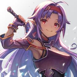 Rule 34 | 1girl, ahoge, armor, armpits, breastplate, fingerless gloves, gloves, hairband, highres, holding, holding sword, holding weapon, long hair, looking at viewer, pointy ears, purple armor, purple gloves, purple hair, red eyes, red hairband, smile, solo, sword, sword art online, upper body, weapon, yappo (point71), yuuki (sao)