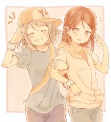 Rule 34 | 10s, 2girls, holding another&#039;s arm, baseball cap, casual, cora stt, closed eyes, facing viewer, flying sweatdrops, grey hair, grin, hair ornament, hairclip, hat, hood, hoodie, long hair, looking at another, love live!, love live! sunshine!!, multiple girls, outside border, pants, red hair, sakurauchi riko, salute, shirt, short hair, short sleeves, smile, source request, sweatband, sweatdrop, sweatpants, t-shirt, tomboy, watanabe you