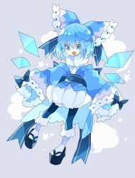 Rule 34 | 1girl, :d, blue bow, blue eyes, blue hair, blue socks, bow, cirno, commentary, frills, full body, hair between eyes, hair bow, highres, ice, ice wings, long sleeves, looking at viewer, nikorashi-ka, okobo, open mouth, pantyhose, puffy shorts, ribbon-trimmed bow, ribbon-trimmed sleeves, ribbon trim, sandals, shirt, short hair, shorts, sleeves past fingers, sleeves past wrists, smile, socks, socks over pantyhose, solo, star (symbol), touhou, waist bow, white shirt, white socks, wide sleeves, wings